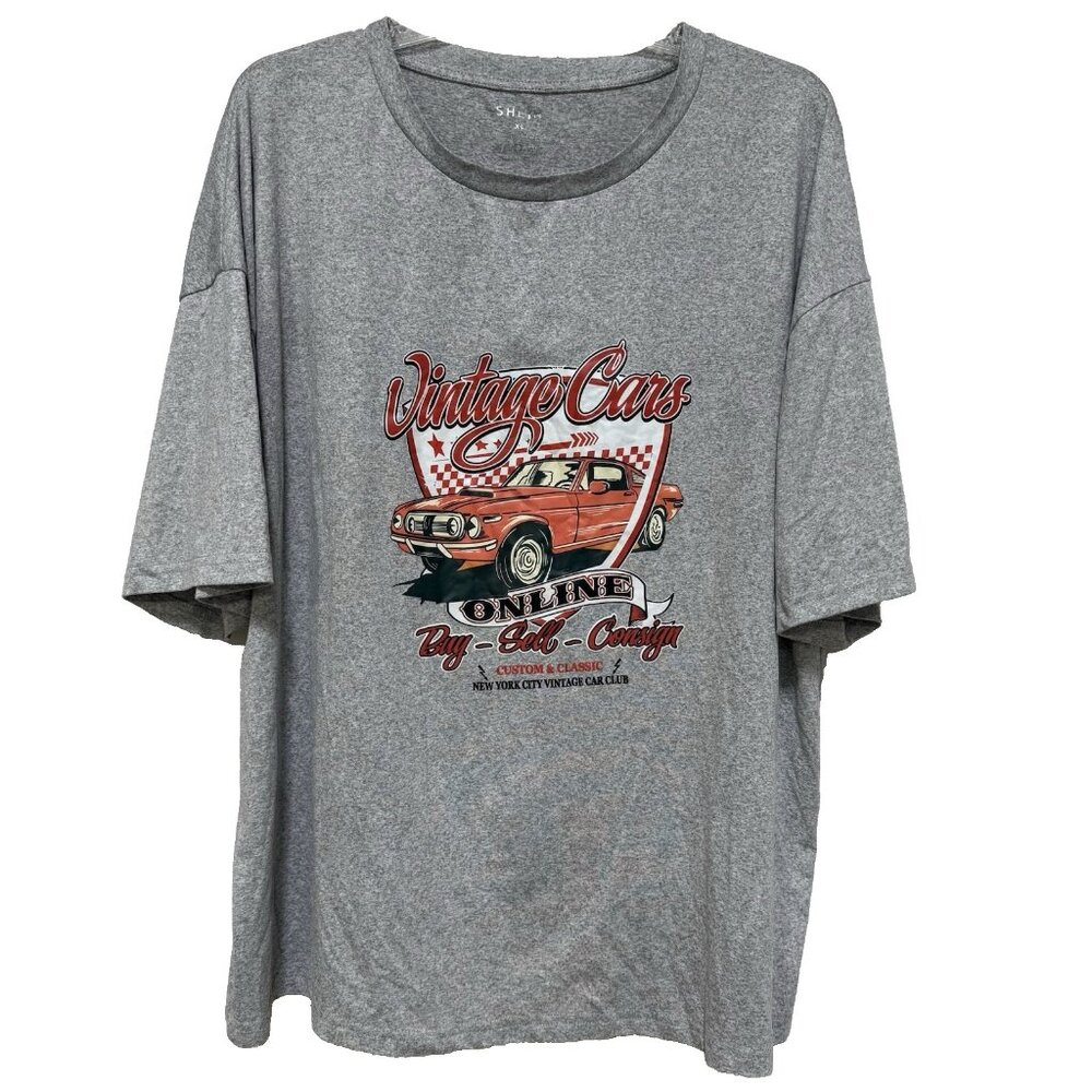 Shein Womens Graphic T Shirt XL Gray Vintage Cars Automotive Short Sleeves EUC